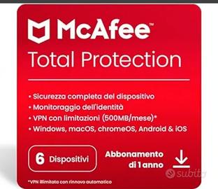 McAfee Total Protection 2026 5 dispositivi 1 anno 