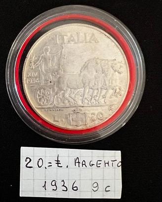 20 Lire Argento 1936 XIV - Quadriga Veloce Regno d