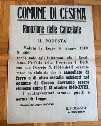 Manifesto Storico 1940 Cesena-Rimozione Cancellate