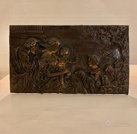 QUADRO SACRA FAMIGLIA SU RAME CESELLATO E SBALZATO