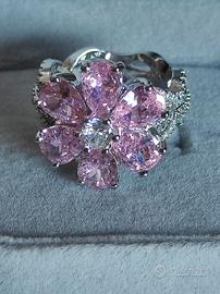 Anello a Fiore in Argento S925 con Zirconi Rosa 