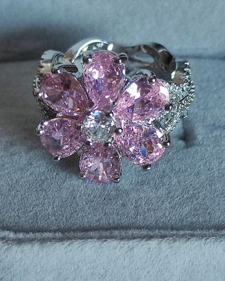 Anello a Fiore in Argento S925 con Zirconi Rosa 