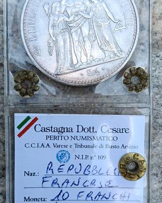 Moneta in argento 10 Franchi Francesi. Con perizia