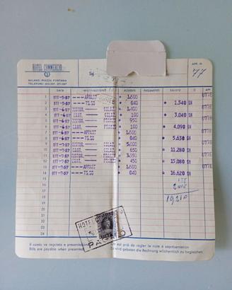 Fattura Storica Hotel Commercio Milano 1957