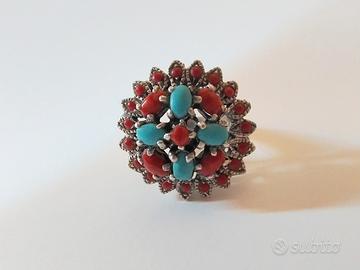 Anello argento 925 corallo e turchese 