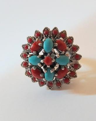 Anello argento 925 corallo e turchese 