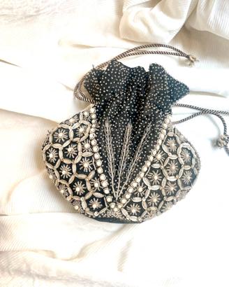Polti bag vintage pochette in raso nero ricamata