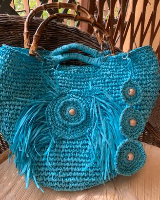 Borsa coffa in rafia  con fondo  dipinto a mano