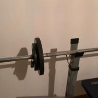 panca per palestra con bilanceri e vari pesi