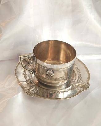 set tazza e piattino metallo argentato XX secolo