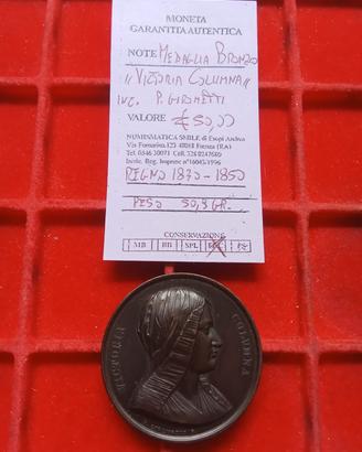 Medaglia Vittoria Colonna 1850  Bronzo qFDC.