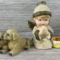 Coppia statuette Angelo porta candela  e cagnolini