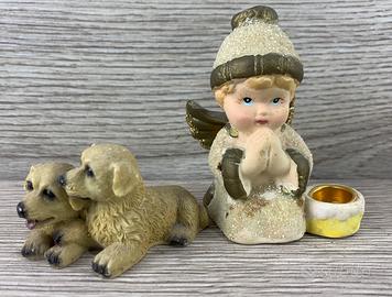 Coppia statuette Angelo porta candela  e cagnolini