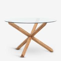 tavolo da soggiorno in vetro e piedi in rovere nat