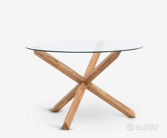 tavolo da soggiorno in vetro e piedi in rovere nat