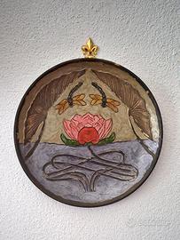 Piatto vintage in ottone, da parete, con libellule