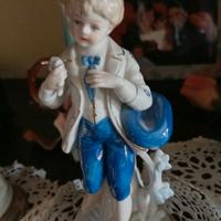 Coppia Statuine Porcellana Fine Blu Cobalto e Oro
