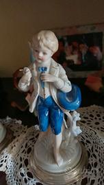 Coppia Statuine Porcellana Fine Blu Cobalto e Oro