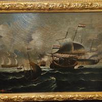 Olio su tela mare e navi di notte.