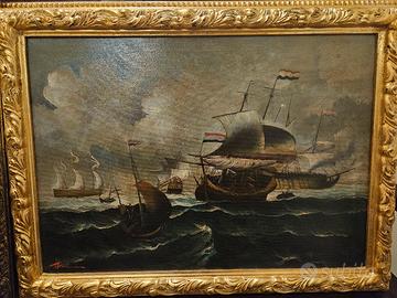 Olio su tela mare e navi di notte.