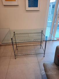 Scrivania con piano in vetro, struttura in acciaio