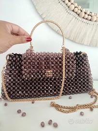 Crystal bag Pochette cristalli e perline marroni