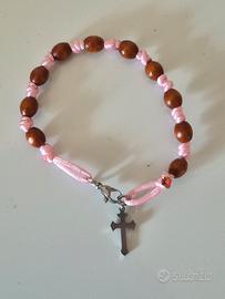 braccialetto decina in corda rosa e grani legno 