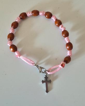 braccialetto decina in corda rosa e grani legno 