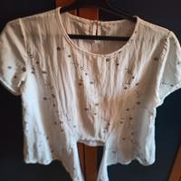 blusa in cotone bianca e blu