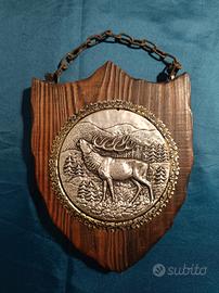 Targa Decorativa Vintage Cervo in Peltro su Legno 