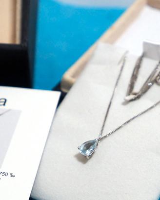 Collana oro bianco goccia di acquamarina Nuova