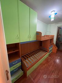 Cameretta per bambini con armadio e due letti
