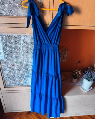 Abito Lungo a Balze Blu Cobalto con Fiocchi