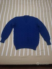 Maglione Scollo a V Vintage Anni 70 Uomo Lana Blu