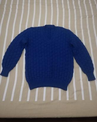 Maglione Scollo a V Vintage Anni 70 Uomo Lana Blu