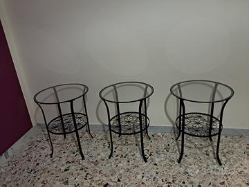 tavolini per 3 in ferro battuto e ripiano in vetro