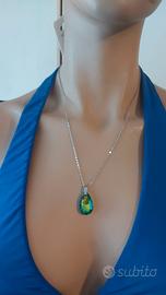 Collana nuova acciaio ciondolo verde luccicante 