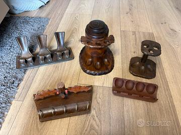 Lotto 5 Portapipe Vintage in Legno e Cuoio