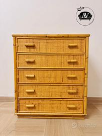 Cassettiera vintage vimini bambù rattan 5 cassetti