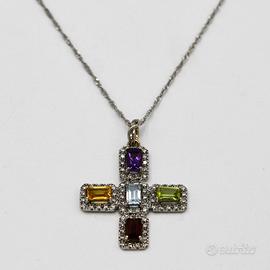 Collana oro bianco 18 kt con Croce di pietre E.231