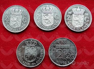 NEDERLAND 1970-1982 lotto di 5 monete 2,1/2 Gulden
