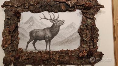 Quadro corteccia e pigne vere con disegno cervo