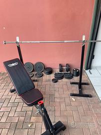 Pesi con panca, bilanciere, 2 manubri e 2 sostegni