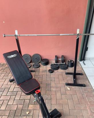 Pesi con panca, bilanciere, 2 manubri e 2 sostegni