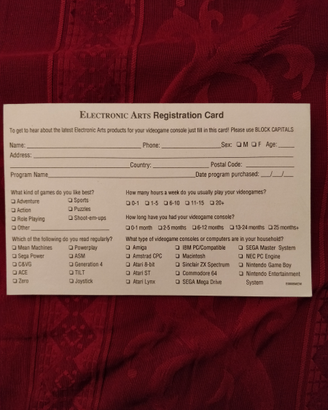 Electronic Arts registration card