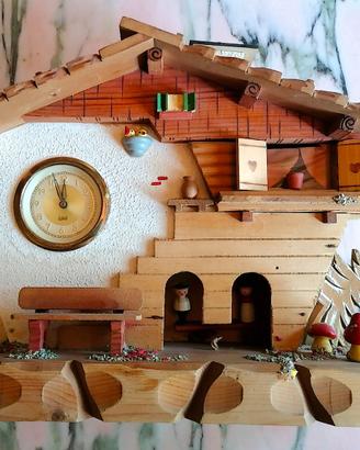 Chalet alpino in legno Orologio Barometro Anni '70