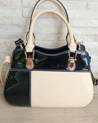 borsa laccata donna nera beige