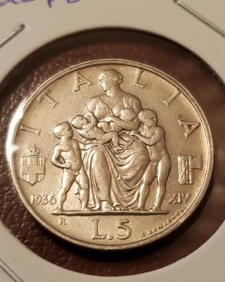  5 LIRE ARGENTO 1936 (XIV) Vitt Em III RE E IMP 
