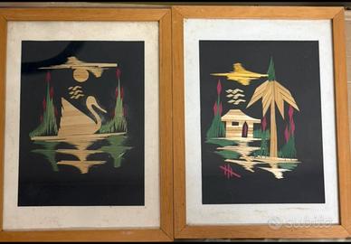 Coppia Quadri Vintage in Paglia Intrecciata