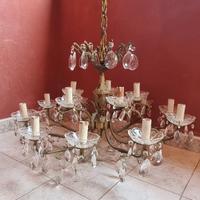 Lampadario Antico in Ottone e Cristallo 10 Luci